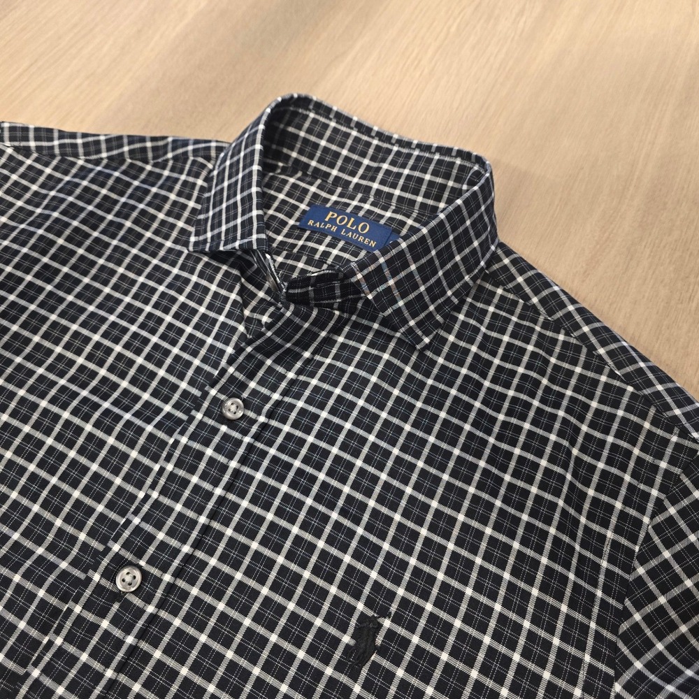 Polo Ralph Lauren Mens Small Navy Blue White Grid Check Button Down Shirt Cotton